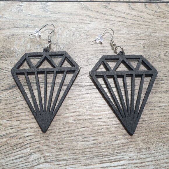 Women Black Laser Cut Geometric Diamond Wooden Cutout Dangle Earrings Gift Boho - Picture 1 of 4